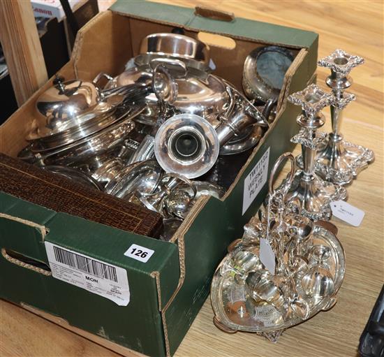 A quantity of plated items, including muffin dishes, a pair of Georgian style candlesticks, an egg waiter, etc.